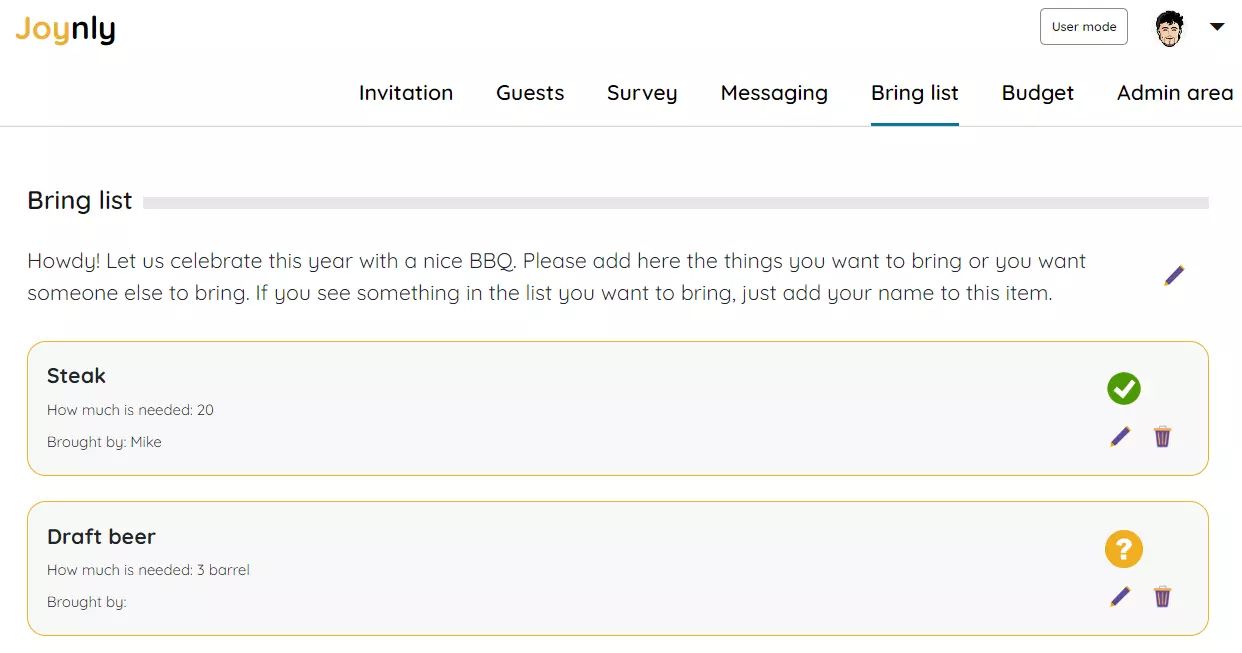 bring list overview