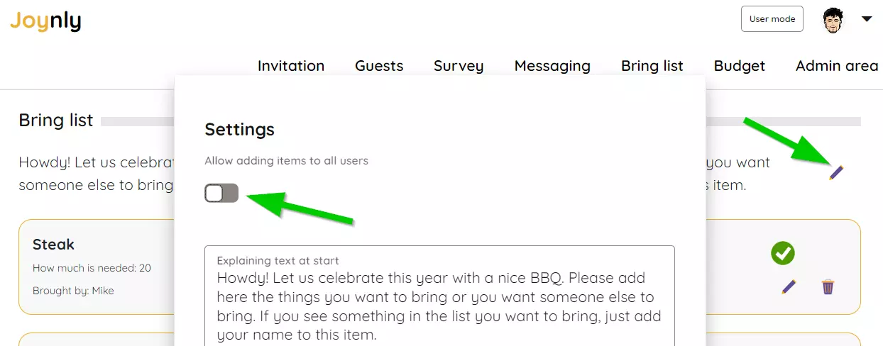 add items to bring list